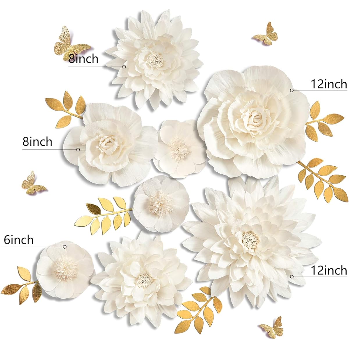 Letjolt White Paper Flowers Handmade Dahlia Spring Party Birthday Party Modern Wedding Backdrop Wall Decor Baby Shower Bridal Shower (White 8pcs)
