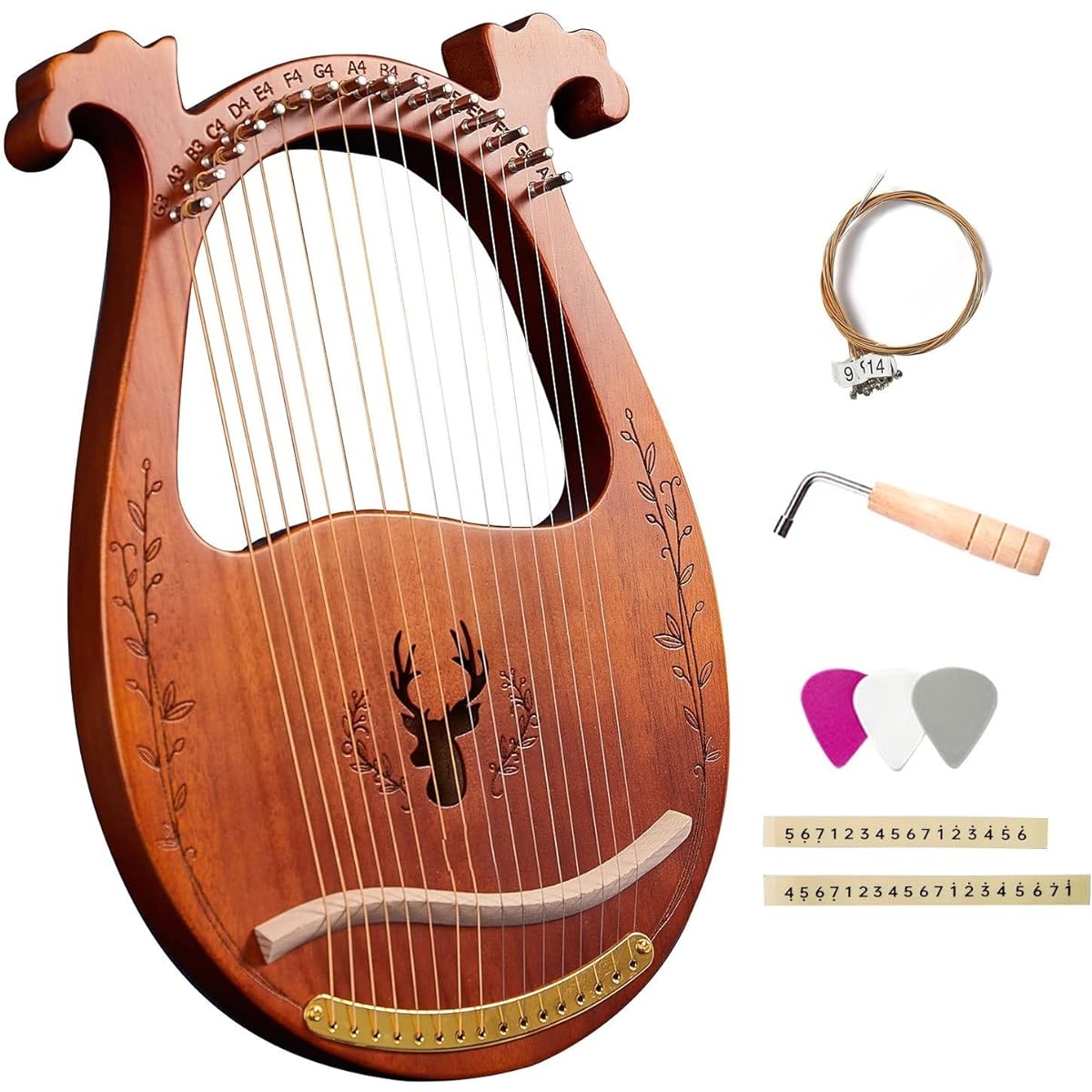 WowZza 19 String Wooden Lyra Harp Resonating Box Stringed Instrument with Tuning Wrench and Pick 3pcs Lyra Harp/4