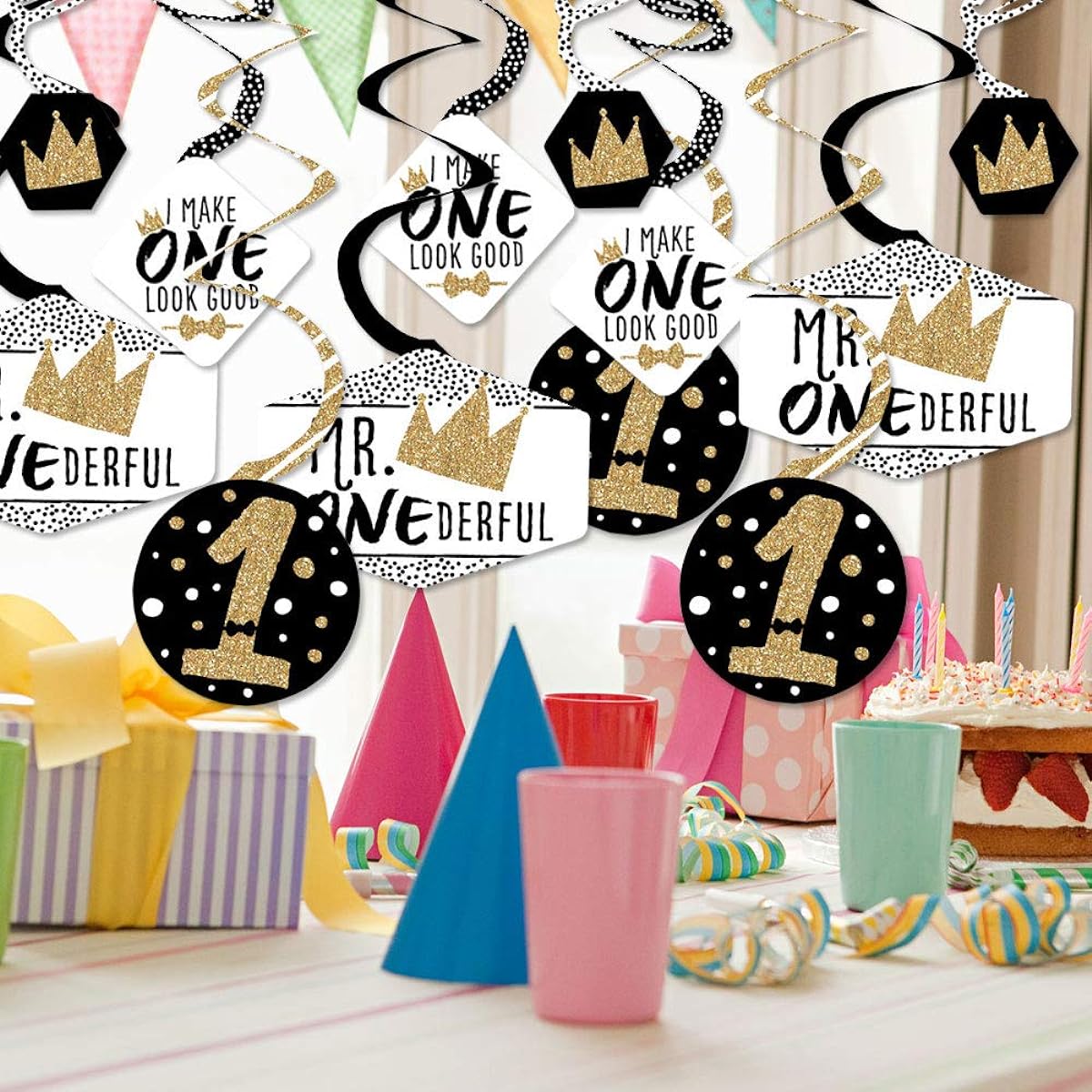 Big Dot of Happiness 1st Birthday Little Mr. Onederful - Boys First Birthday Party Hanging Decor - Party Decoration Swirls - Set of 40