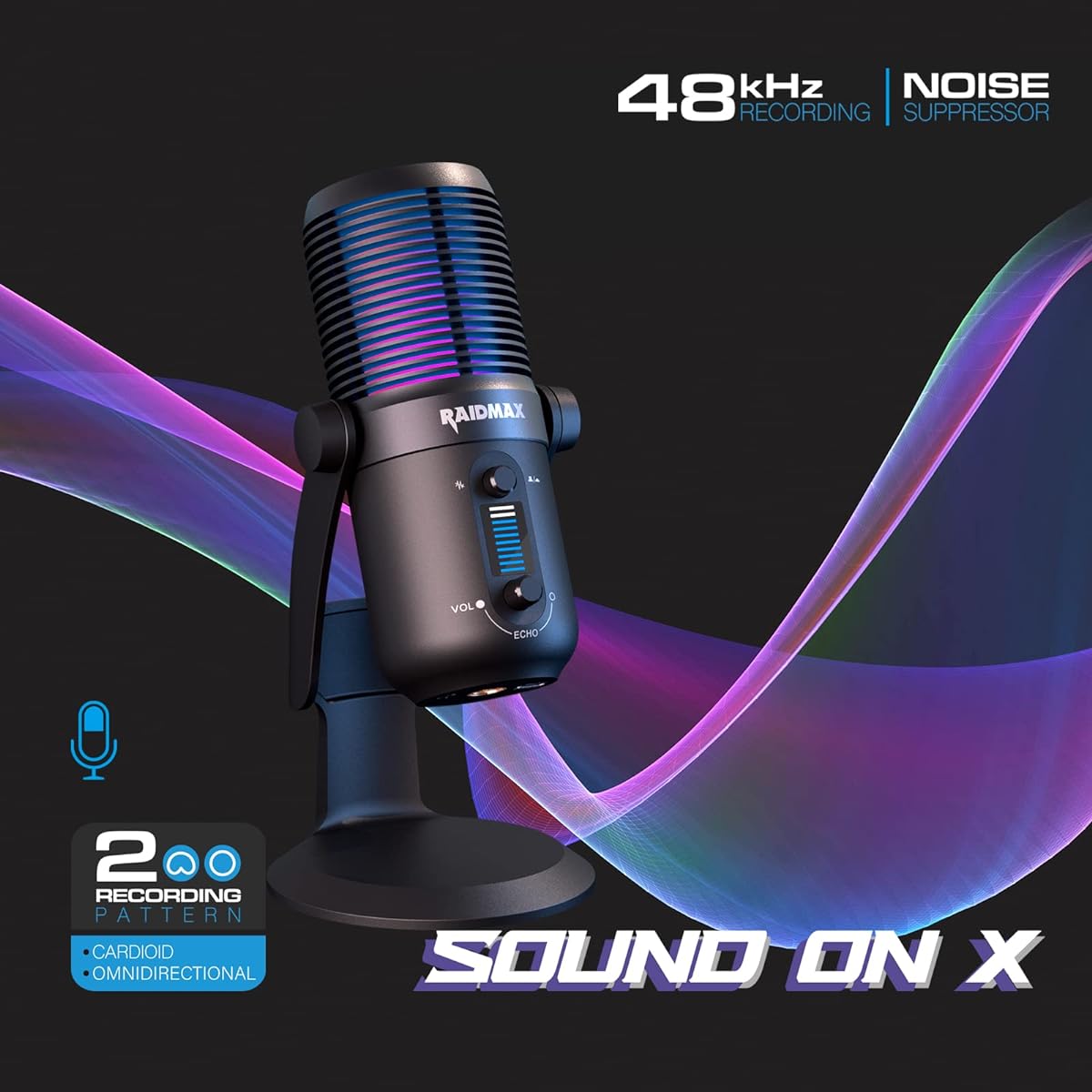 Raidmax SoundOn X USB Microphone for PC Mac Gaming Recording Streaming Posicast Studio Computer Condenser Microphone Pickup Pattern 2pcs Plug and Play Rainbow Light Mic