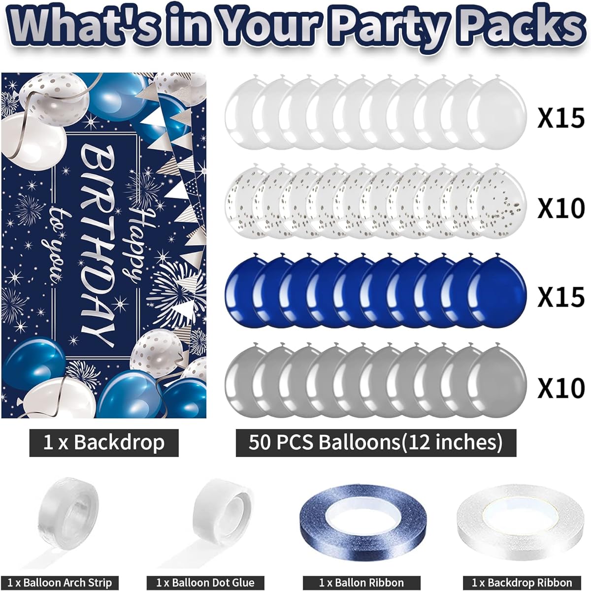 Navy Blue Birthday Party Decorations 50 Pieces Blue Silver Balloons Happy Birthday Photography Background Banner Set for Boys Girls Men Women Birthday Party Decorations Supplies (Navy Blue and Silver)