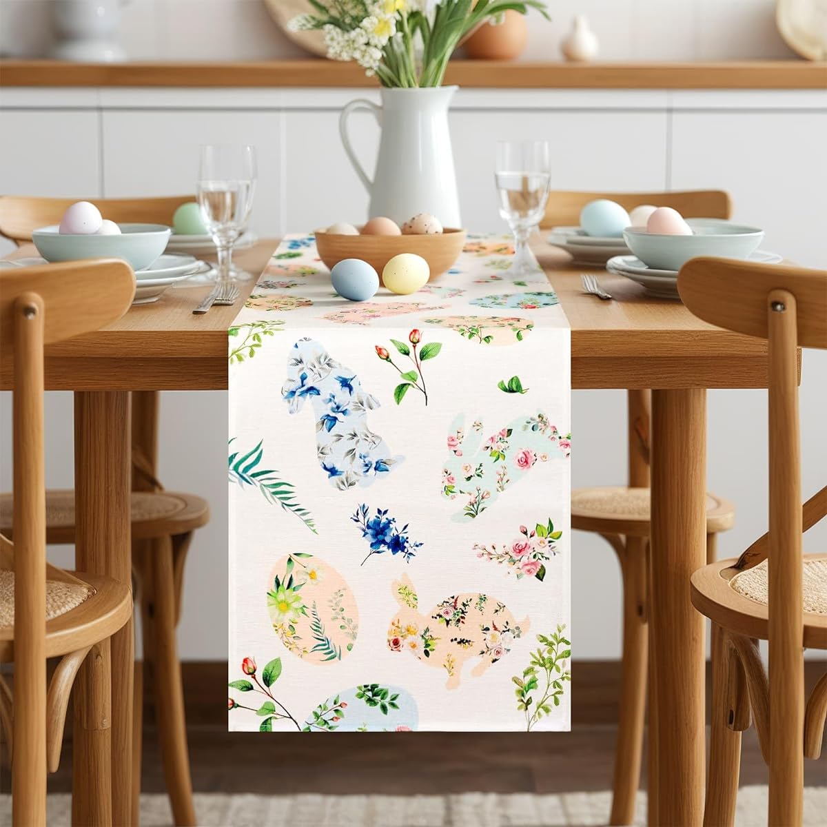Easter Table Runner 13 x 72 Inch Happy Easter Rabbit Bunny Egg Floral Linen Table Runner Spring Summer Seasonal Holiday Kitchen Dining Table Decor Indoor Outdoor Home Party Decor