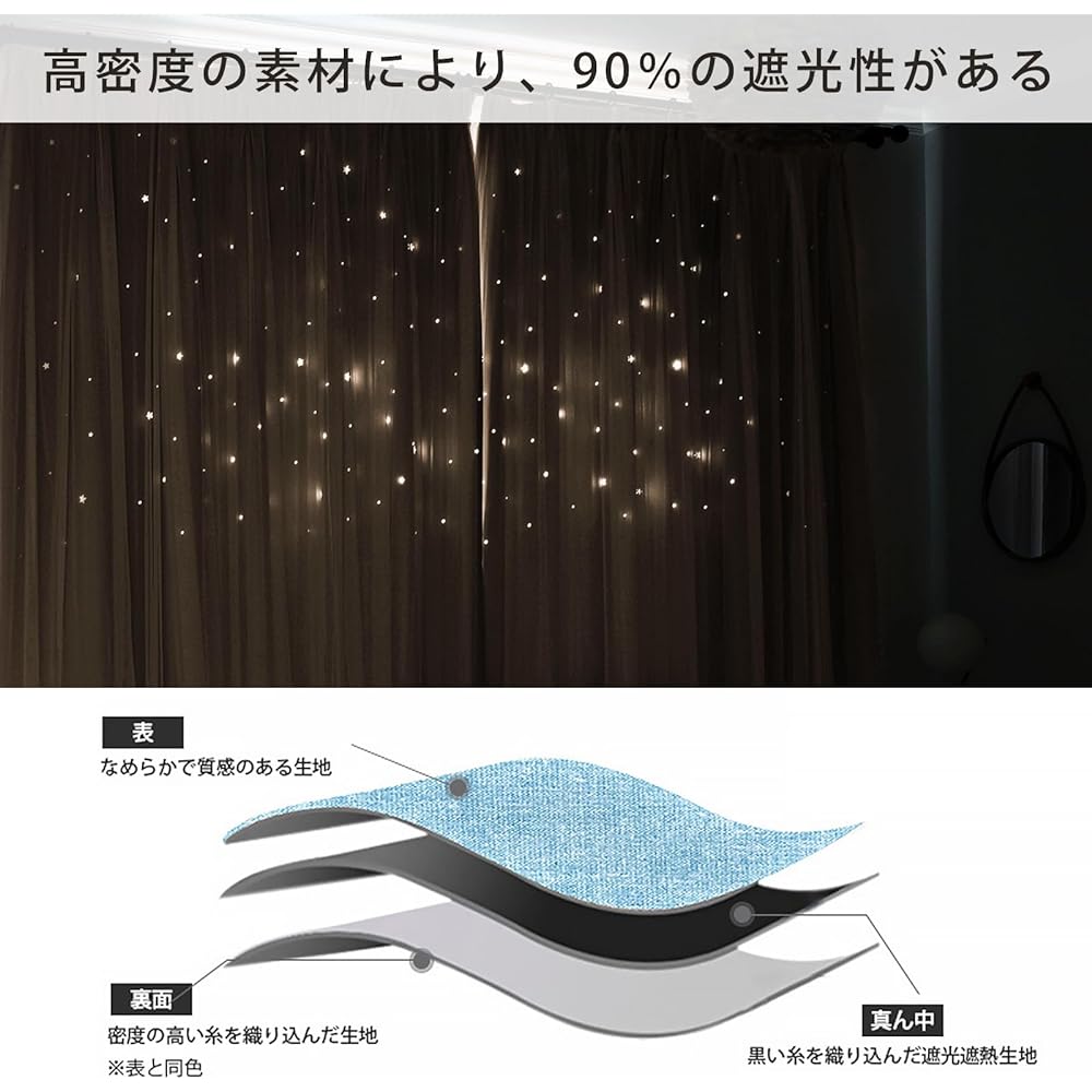 Curtain Princess Shading, Length 78.7 x Width 39.4 inches (200 x 100 cm), Lace Curtain Included, Star Pattern, Stylish, Thick, Hook Included, Tassel, Double Curtain Attachment, Easy to Use, Adjuster,