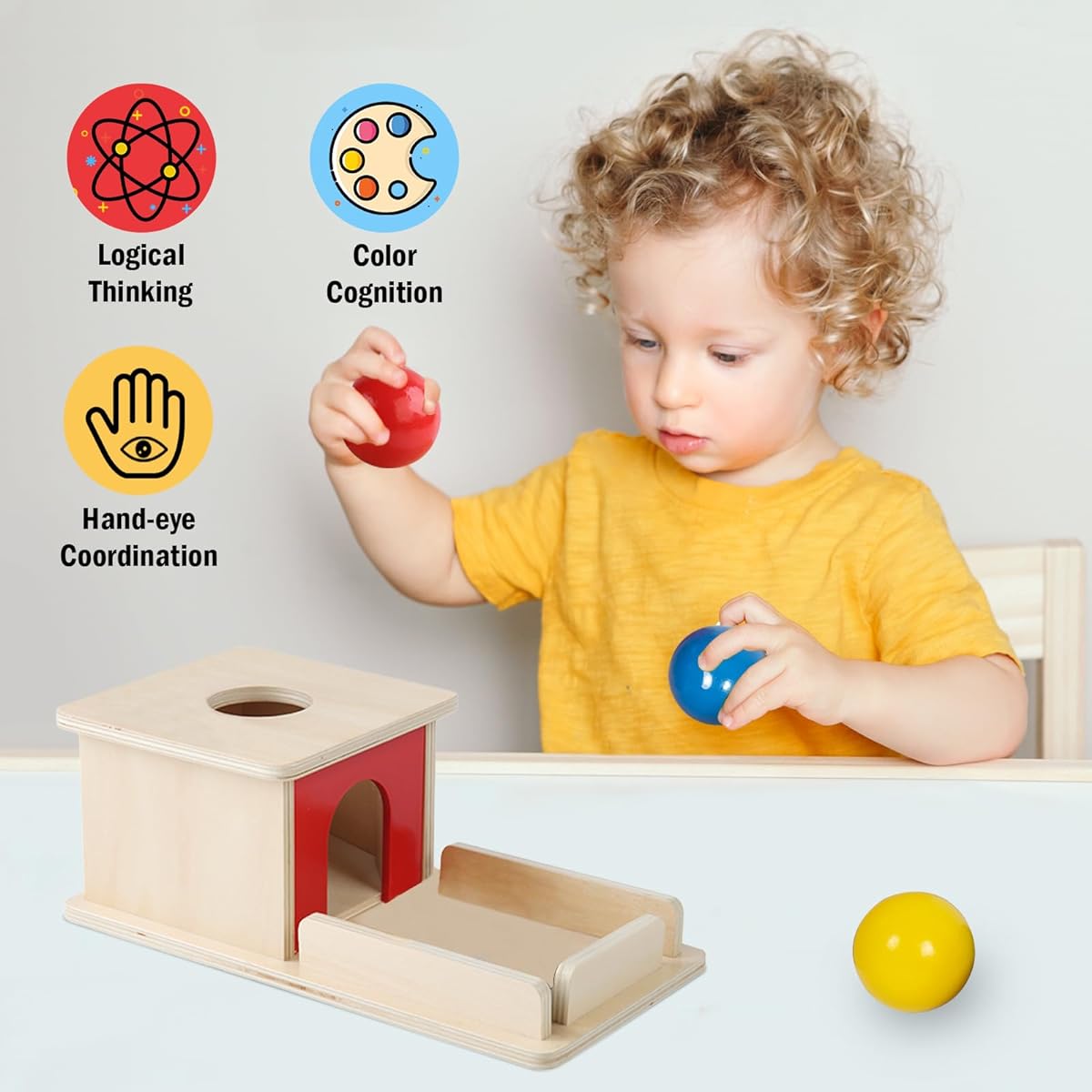 Adena Montessori Full Size Object Permanent Box with Tray and 3 Balls Montessori Toys for Babies 6-12 Months, 1 Year Olds, Toddlers