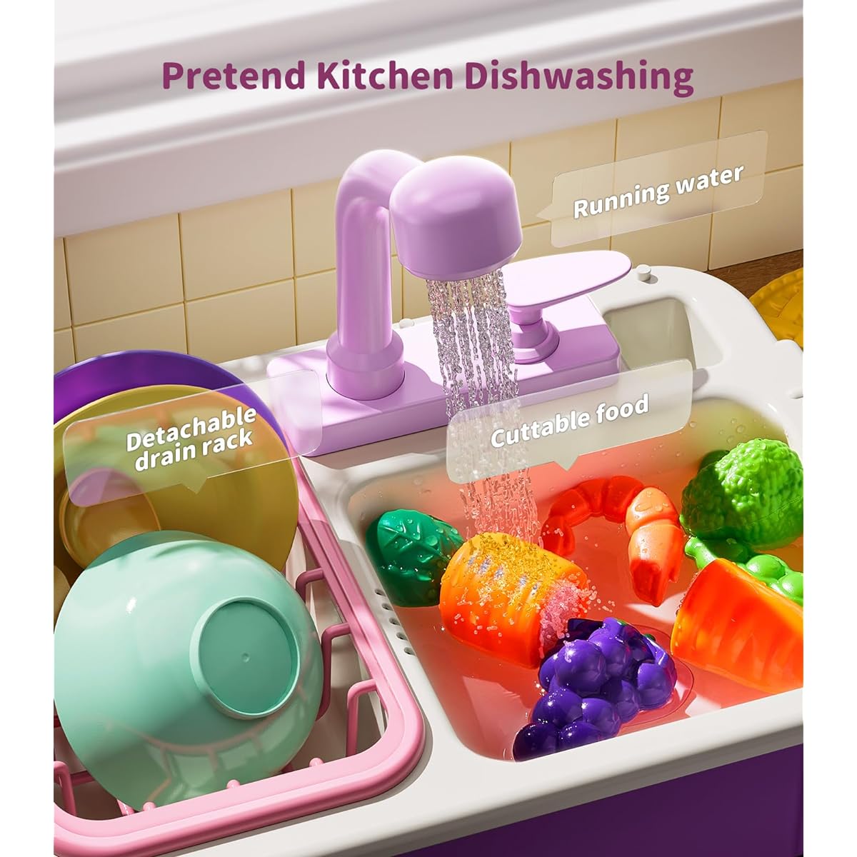 Geyiie Toddler Water Table, Play Sink with Running Water, Upgraded Real Faucet, Dish Rack & Play Cutting Food, Kids Kitchen Sink Toy Gift for Ages 3, 4, 5, 6