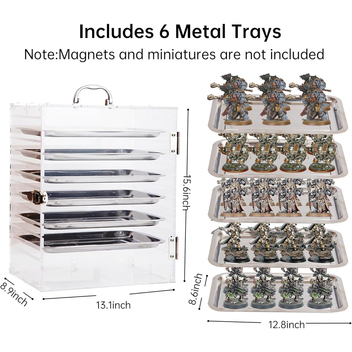 BOHOIDEE Acrylic Miniature Display Case for Collectible Figures, Clear Carrying Case and Display Shelf with Magnetic Door and 6 Removable Metal Trays for Warhammer 40K