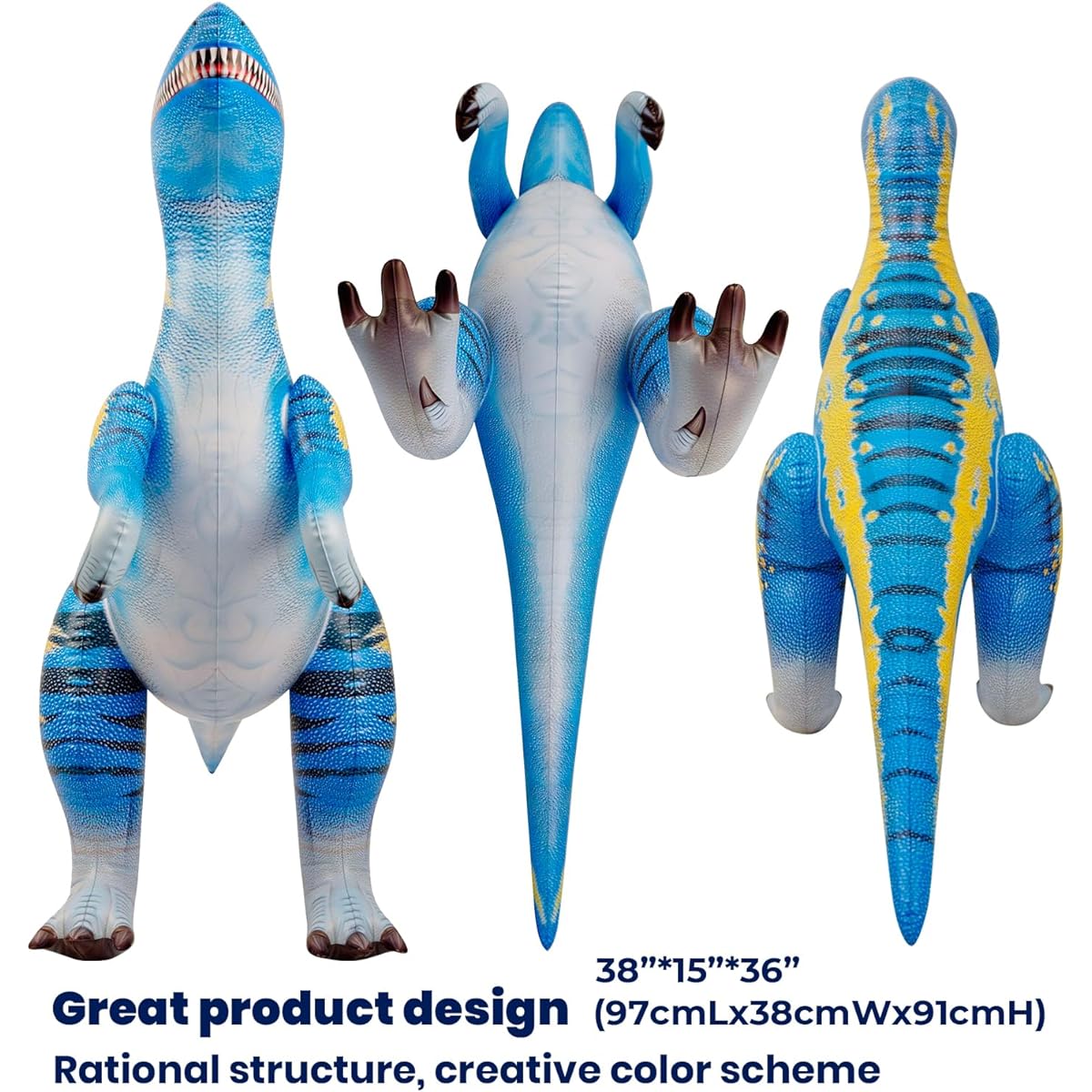 HOHQB Inflatable Dinosaur Party Decorations, Dinosaur Birthday Decorations, Jumbo Dinosaur Balloon Supplies, Dinosaur Party Favors, Pool Floats for Kids (Blue Velociraptor)