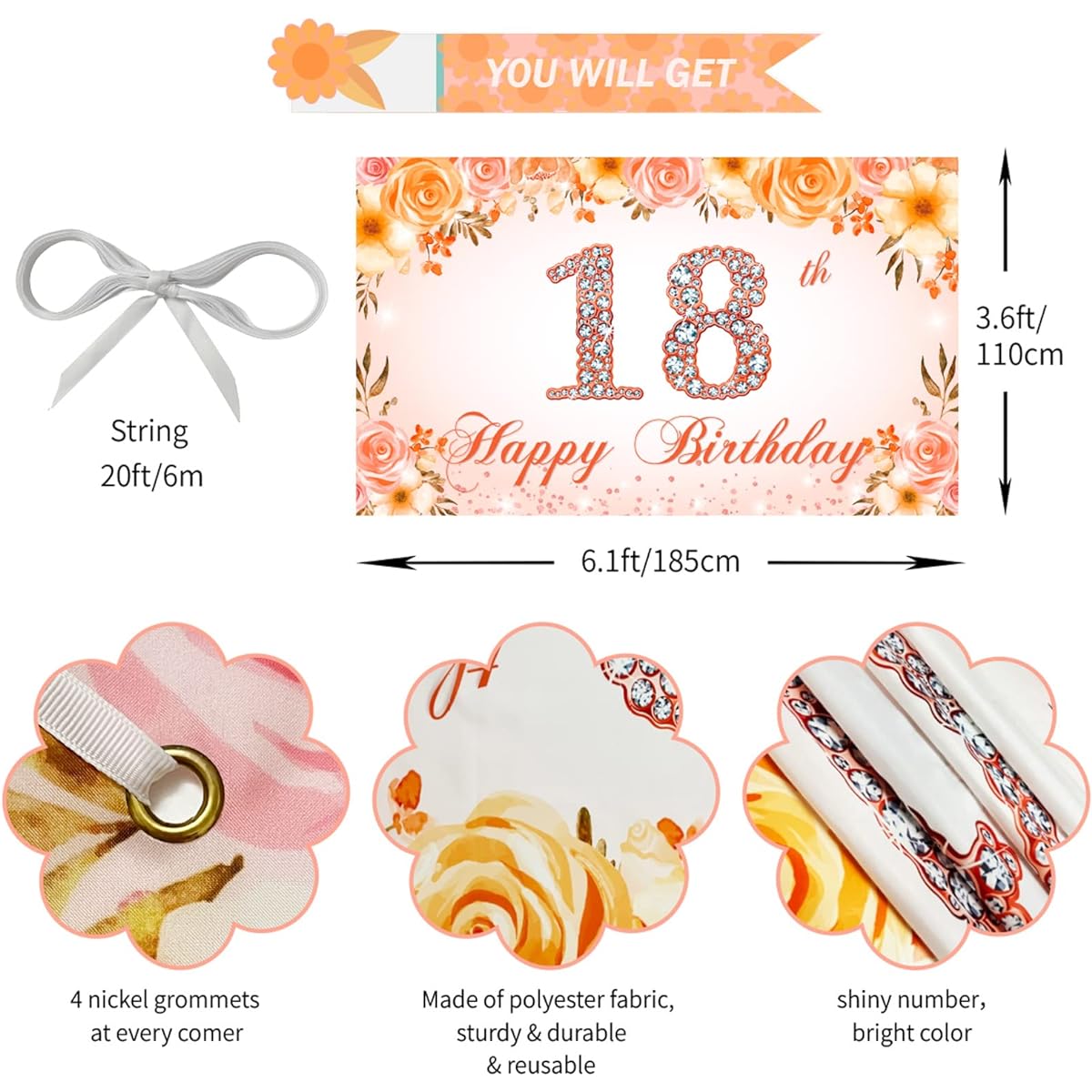PHXEY 18th Birthday Decorations, Happy 18th Birthday Banner Backdrop Rose Gold 18th Birthday Party Photo Booth Props Yard Sign Poster Decor Outdoor Indoor Girl Fabric