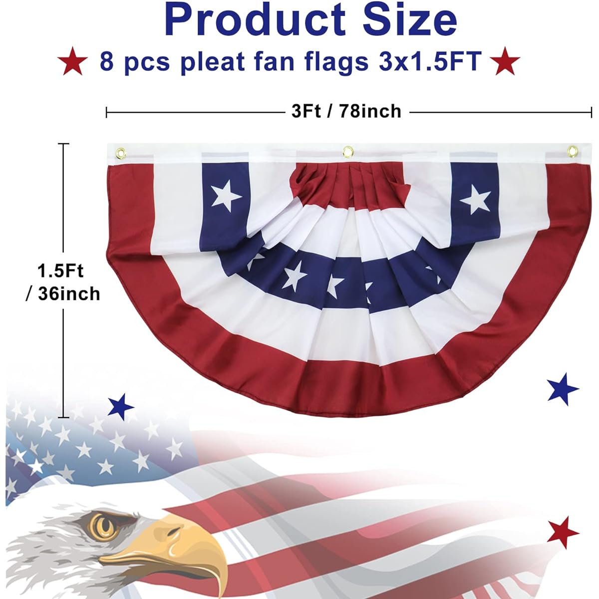 Motiloo American Pleated Fan Flag 1.5x3ft American Flag Fan American Flag Patriotic Half Fan Banner Flag 4th of July Memorial Day Indoor Outdoor Decor (Set of 8)