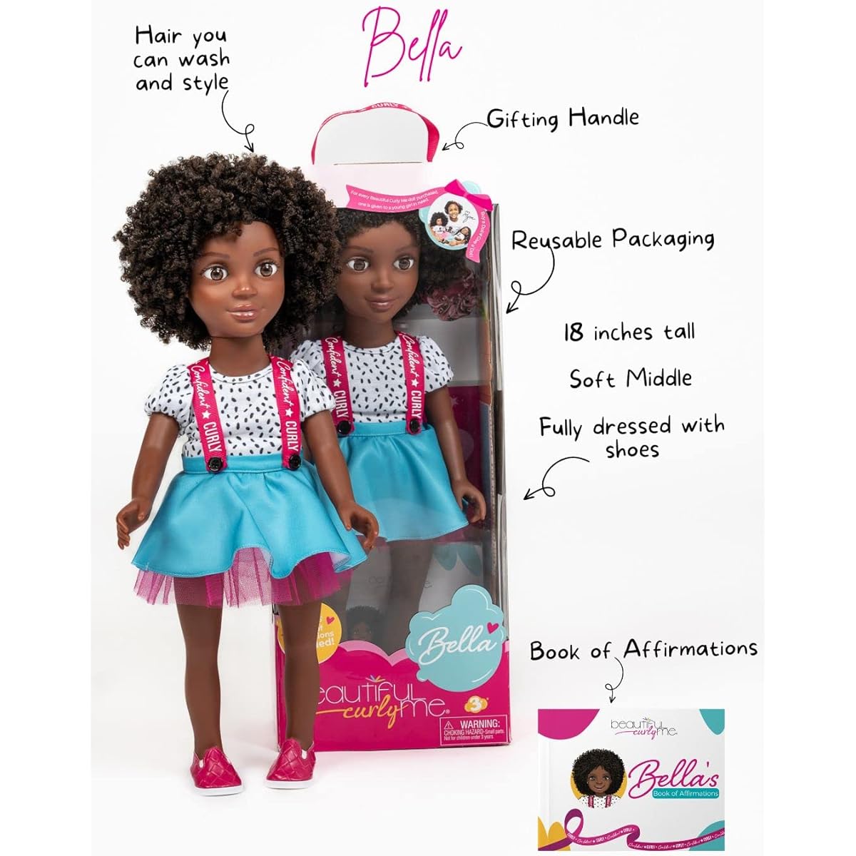 Beautiful Curly Me Bella 18" Natural Curly Hair Black Doll Medium Brown Skin Tone African American Doll with Curls and Pledge