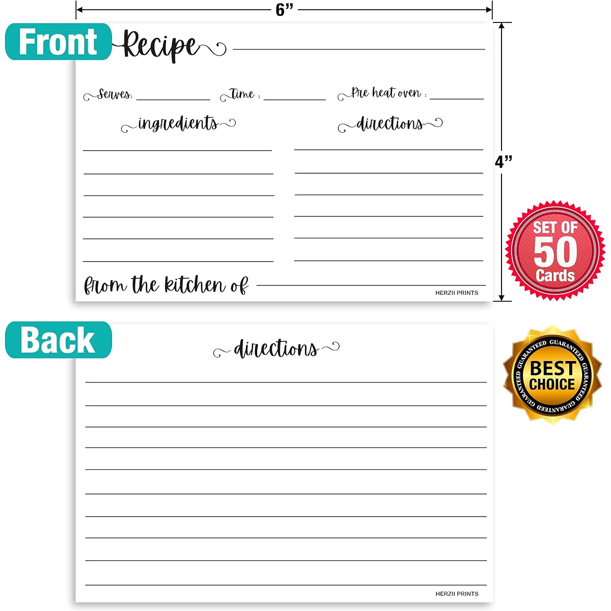 HerZii Prints Recipe Cards Double Sided – (Set of 50) Thick Premium Cards Easy to Write on – From the Kitchen, Bridal, Baby Shower, Wedding, Graduation, Mother's Day (4 x 6 Inch, White)