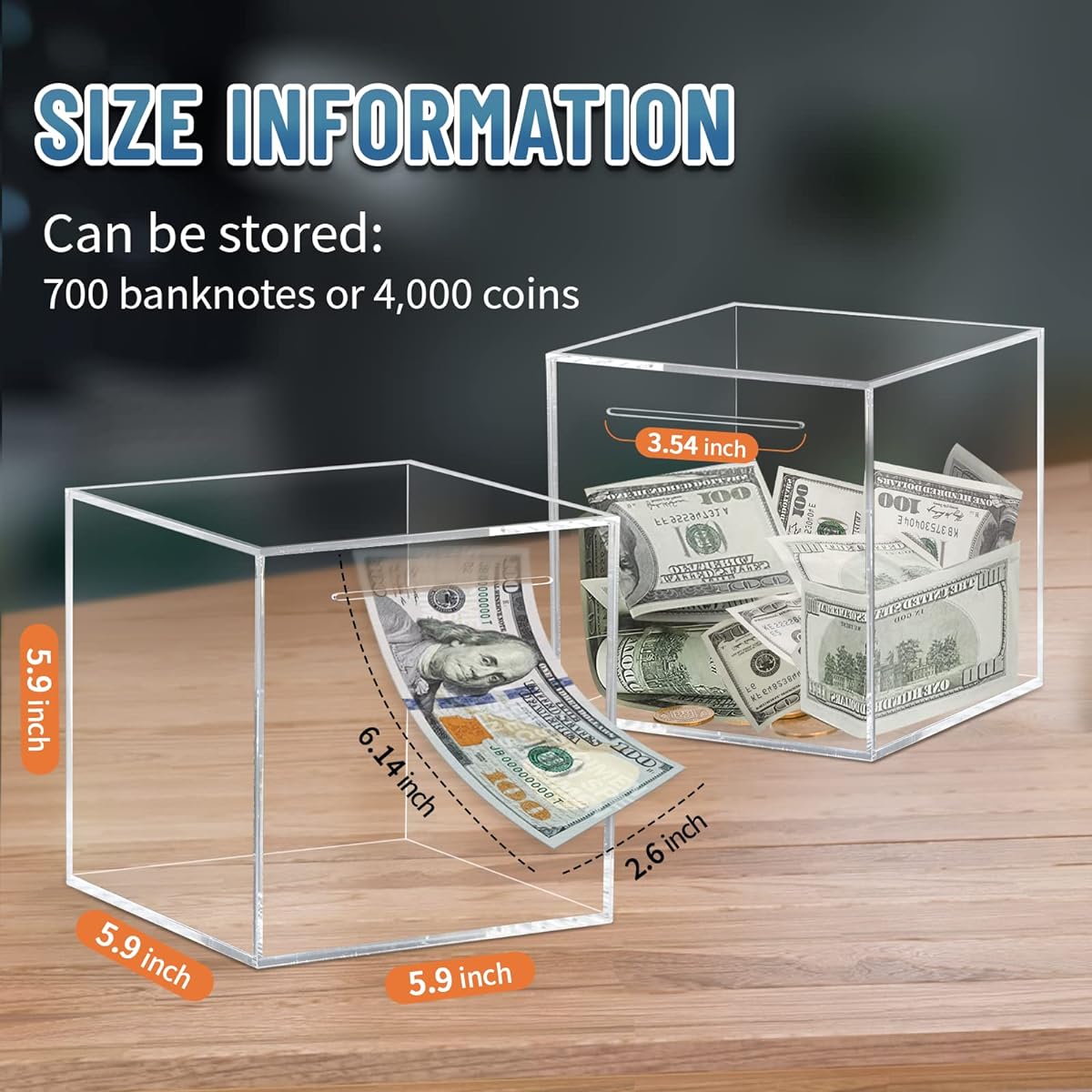 hizgo Adult Piggy Bank Acrylic Clear Money Box for Adults/Kids Need to Open Can't Open Saving Box Medium Size 5.9 Inch