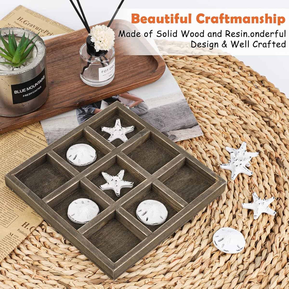 Tic Tac Toe Game with Resin Seashell Starfish and Wooden Board Beach House Family Travel Beach Game Room Decor