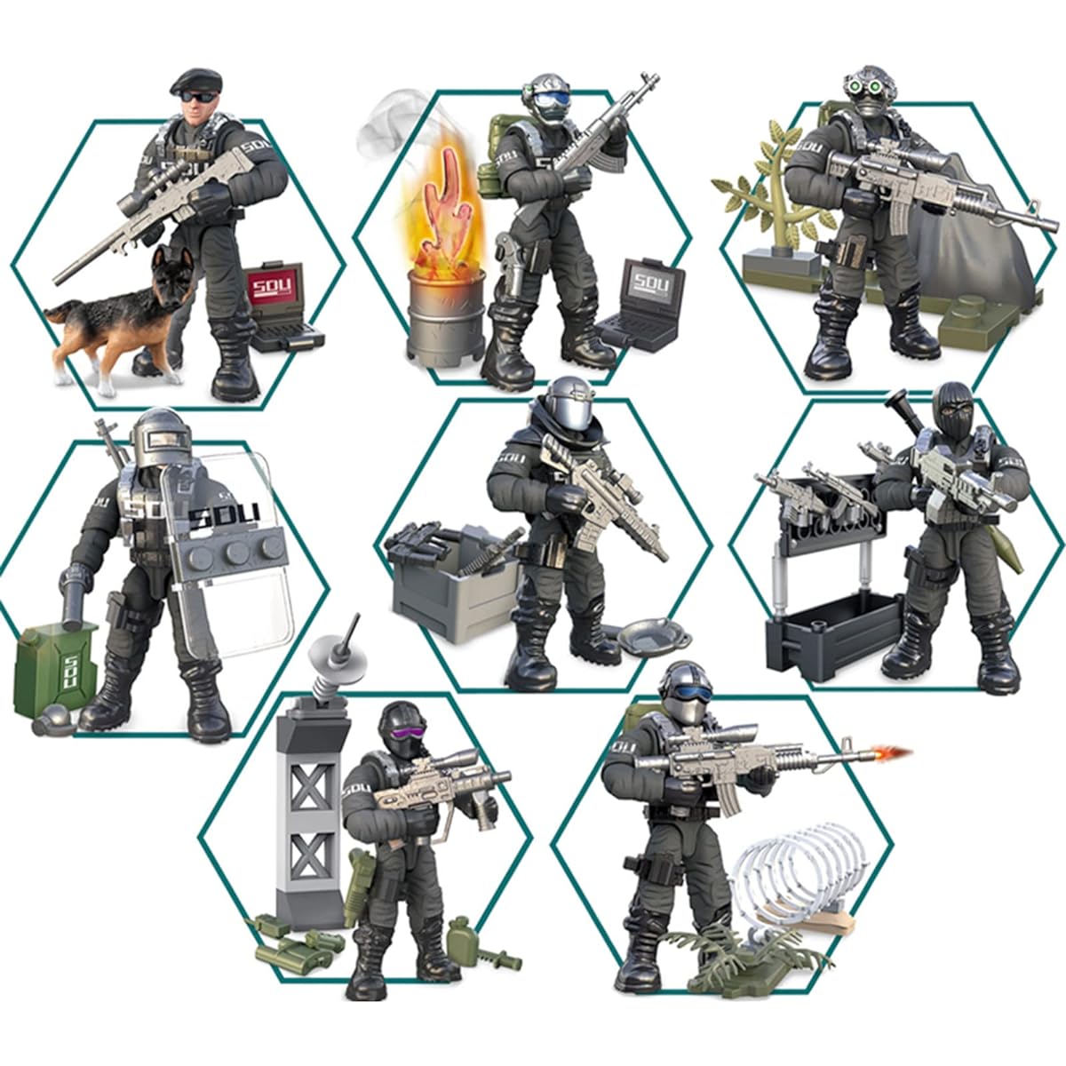 MEIEST SWAT Model Equipment Building Blocks Toys 8 Pieces City Police Action Minifigures with Multiple Military Weapons Accessories Party Favors Set