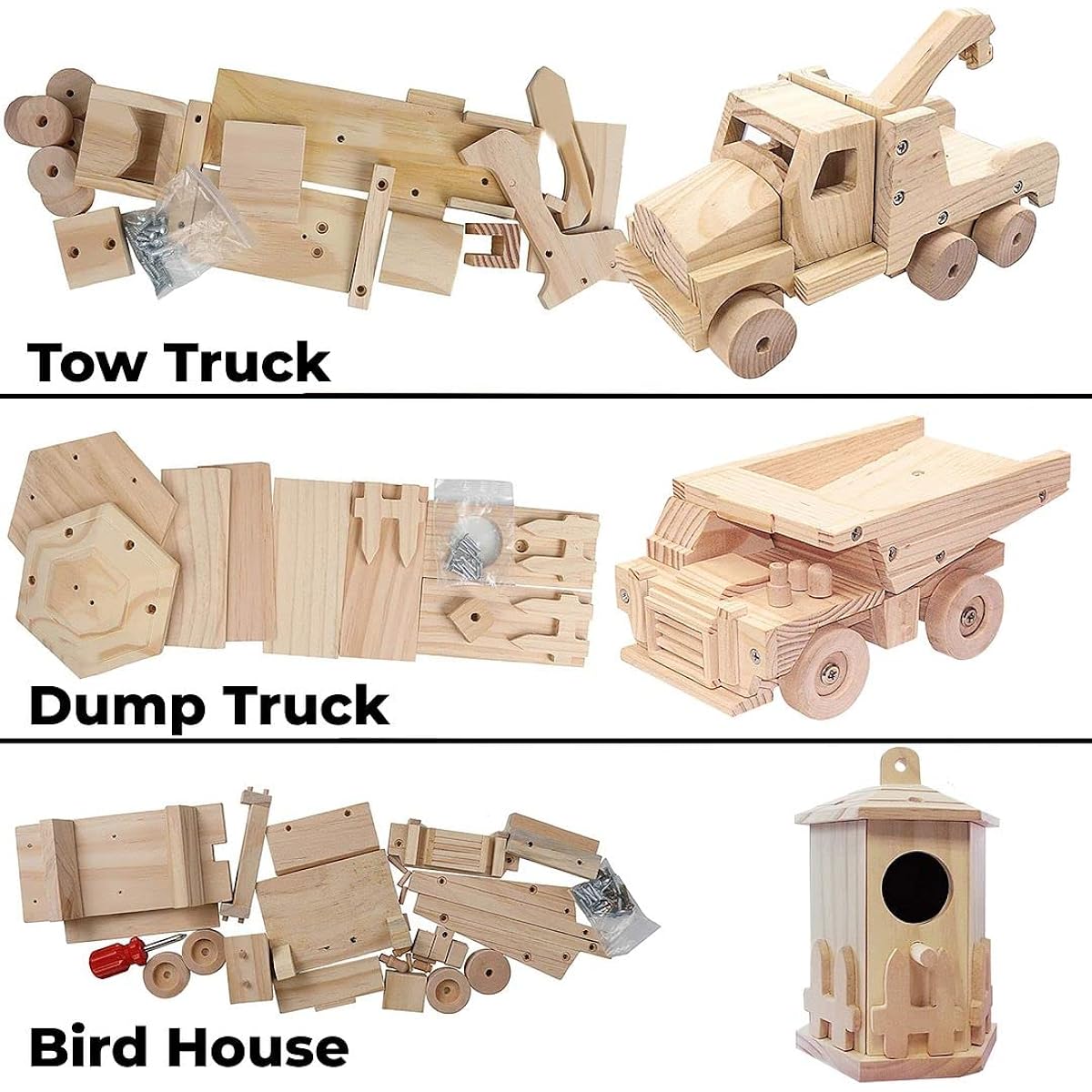 Kraftic Woodworking Building Kit for Kids and Adults, with 3 Educational DIY Carpentry Construction Wood Model Kit Toy Projects for Boys and Girls - Tow Truck, Birdhouse and Dump Truck