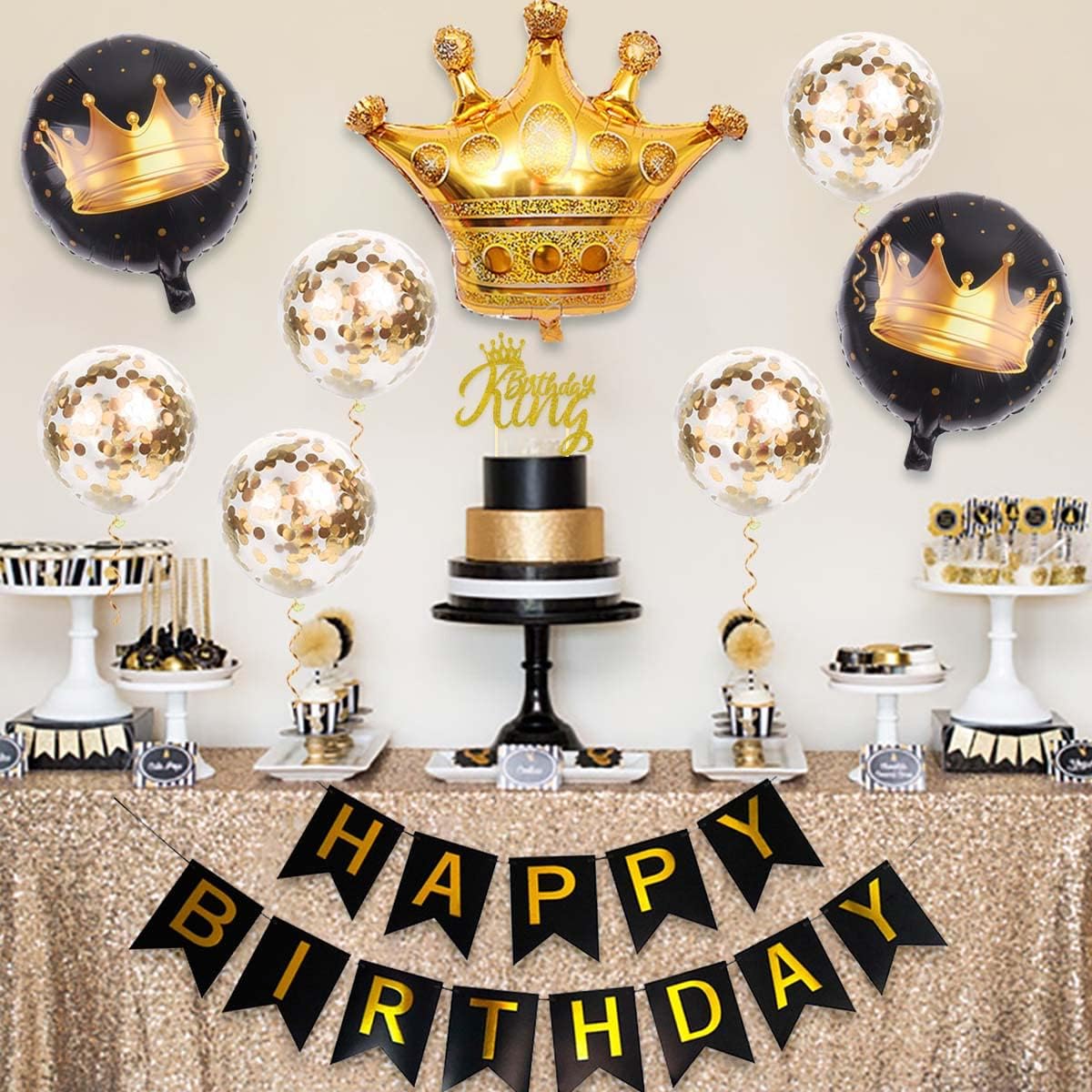 King Birthday Decorations Men's Black and Gold Balloons King Happy Birthday Banner Balloon Birthday King Birthday Cake Topper