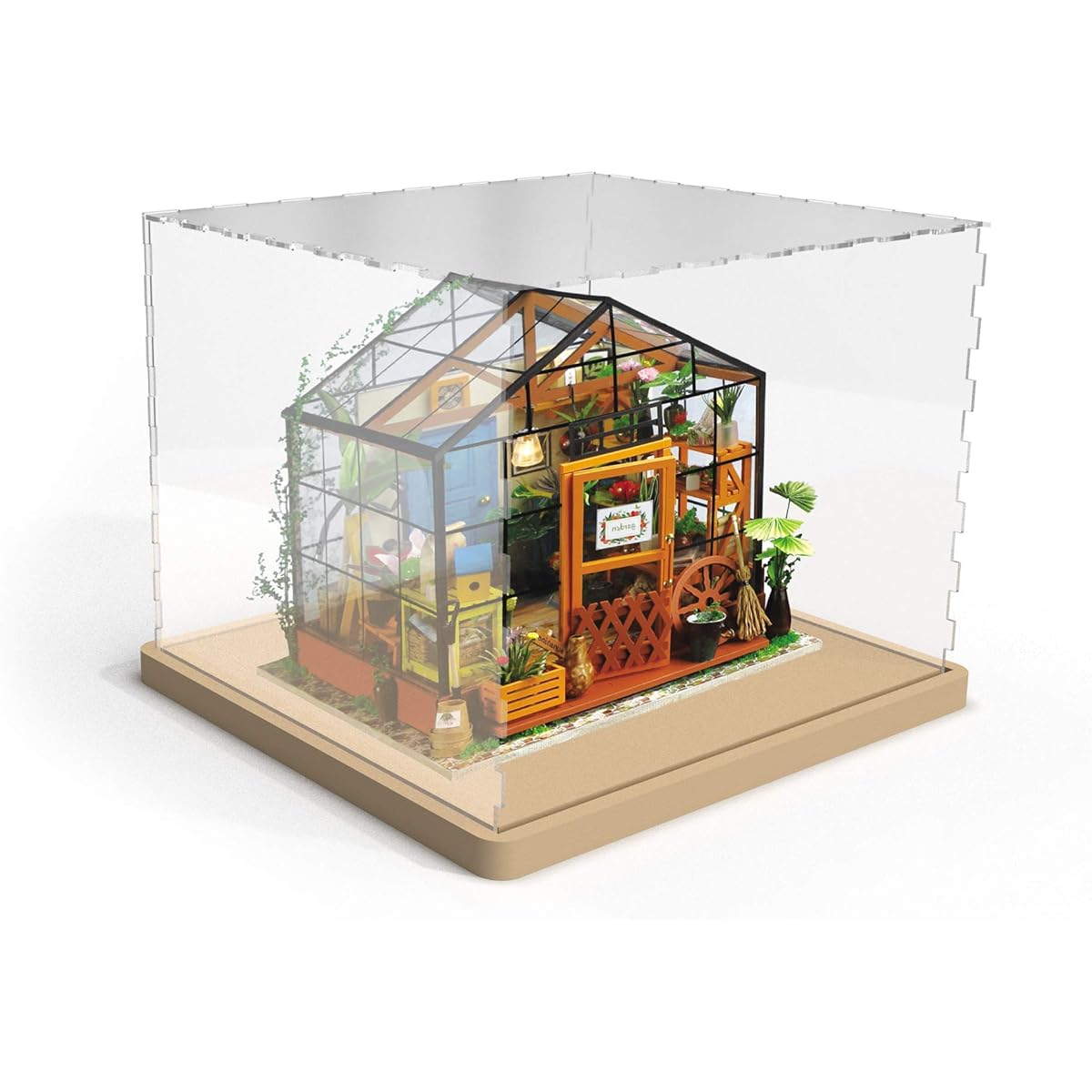 Hands Craft Miniature Dollhouse Display Case - Acrylic Dust Cover Wooden Base Transparent Clear Dust Cover Collectibles DIY House Model Assembly Box (DF01M)