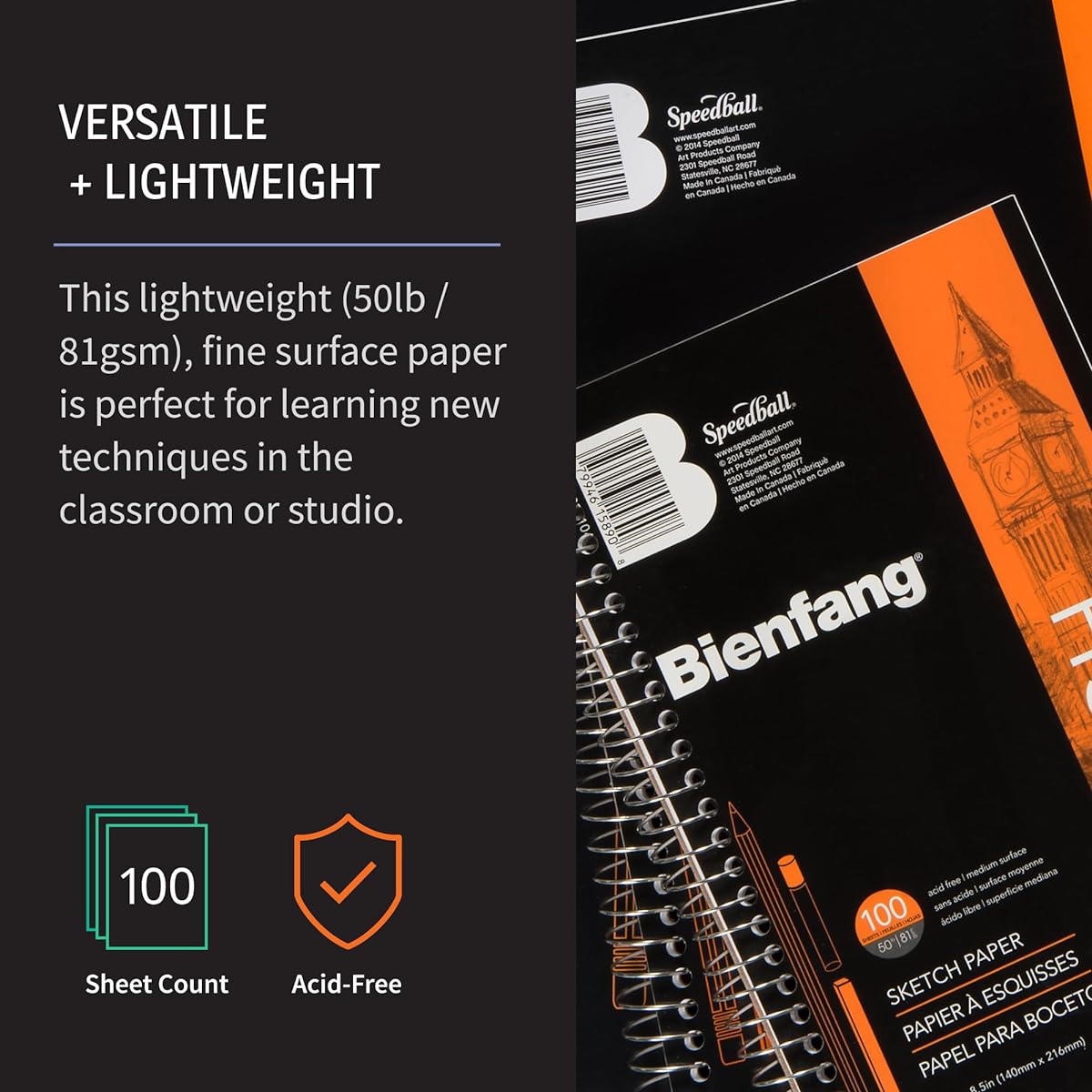 Bienfang Sketchpad 8.5" x 11" 50 lbs 81GSM 100 Sheets (2 Pack) Wire Bound Art Sketchbook Drawing Notebook