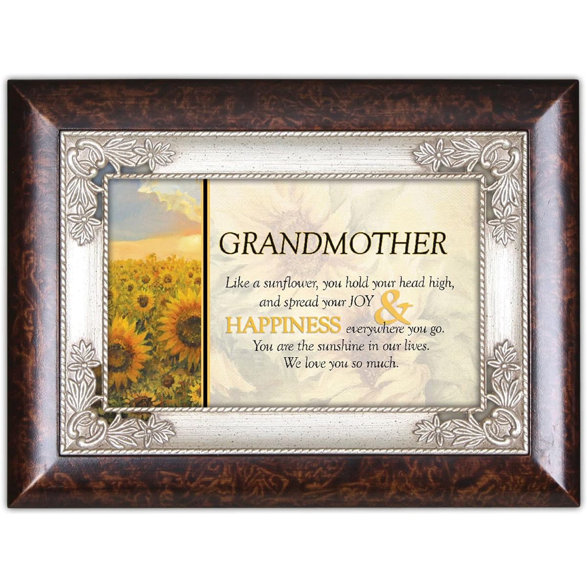 Cottage Garden Grandmother Dark Wood Finish Jewelry Music Box Curved "You are My Sunshine"