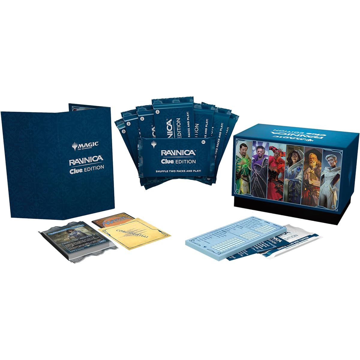 Magic: The Gathering Ravnica: Clue Edition - 3-4 Player Murder Mystery Card Game (Includes 8 Ready-to-Play Boosters, 21 Evidence Cards, 1 Foil Shockland, and Detective Game Accessories)