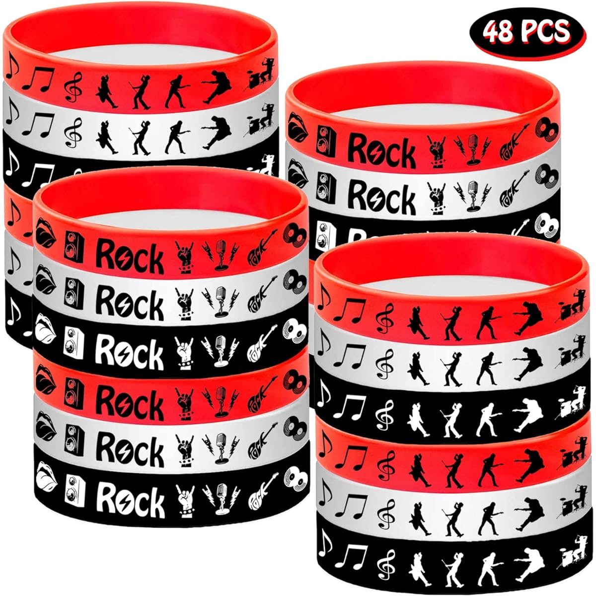 ATSMOICY Rock and Roll Rubber Bracelet Silicone Wristband - 80's 90's Themed Musician Guitar Rap Party Supplies Decorations Birthday Baby Shower Party Favors 48 Pieces