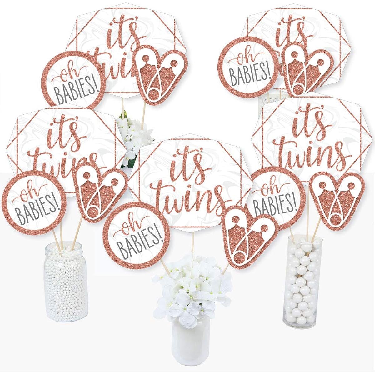 It's Twin Girls - Pink and Rose Gold Twins Baby Shower Centerpiece Sticks - Table Toppers - Set of 15