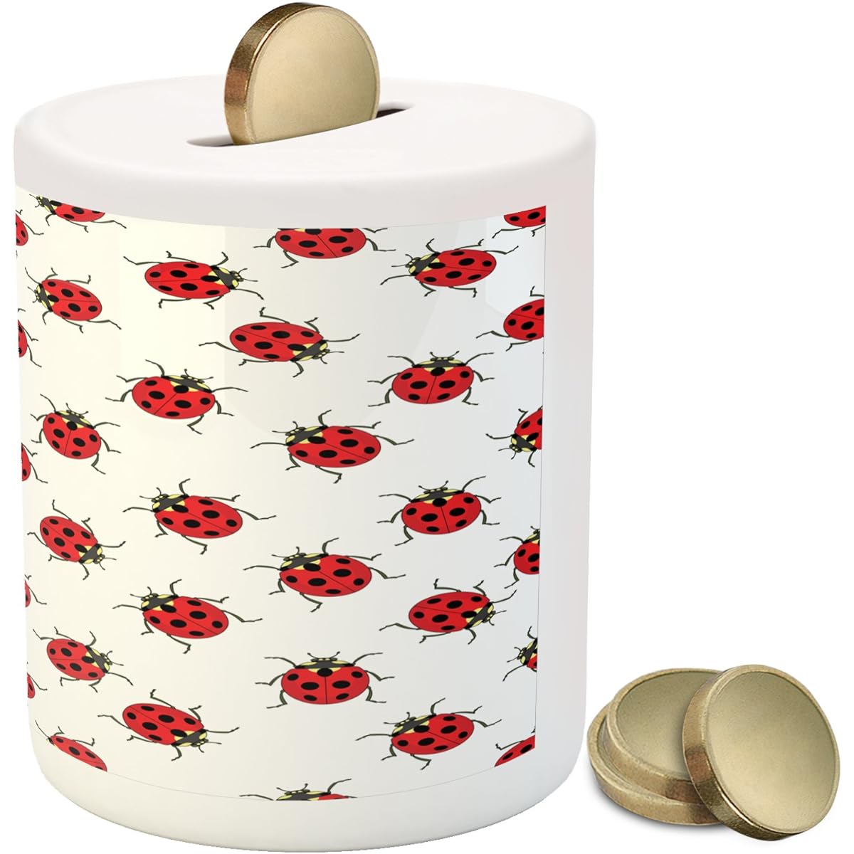 Ambesonne Ladybug Money Box, Ladybug Pattern, Bunch of Bugs, Infinity Spots, Insect Themed Playroom Ceramic Coin Bank for Cash Saving, 3.6" x 3.2", Red White