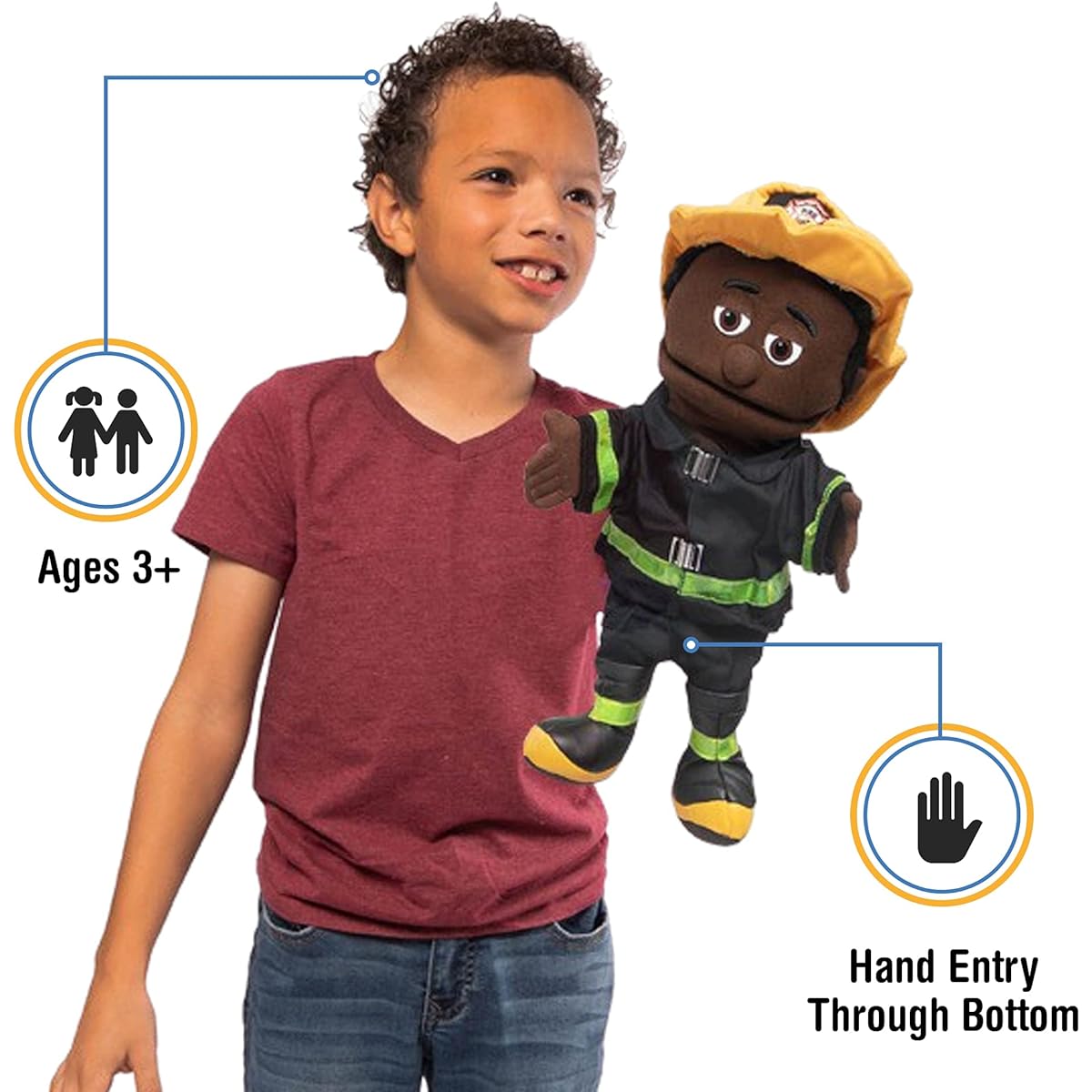 14 Fireman, Black Male, Hand Puppet by Silly Puppets