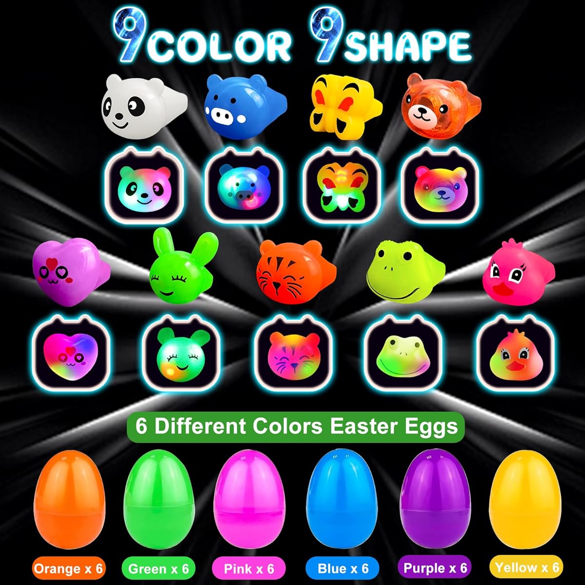 CL FUN 72 Easter Eggs with Toys, Easter Basket Stuffers for Kids, Boys and Girls, 36 Easter Eggs with Light Up Rings, Glow in the Dark, Easter Egg Hunt Supplies, Easter Party Favors
