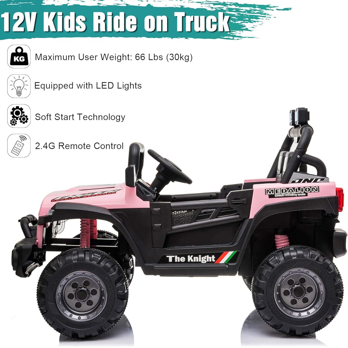 Winado Kids Ride On Truck 12V Battery Powered Electric Off-Road Truck Vehicle with Remote Control, 3 Speeds, Soft Start, LED Lights, AUX Port and Rear Storage Space (Pink)