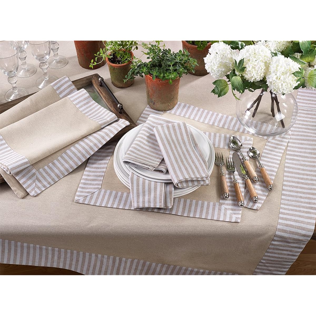 Fennco Style Stripe Pattern Border Linen Cotton Table Runner 16"x72" Table Runner, Beige