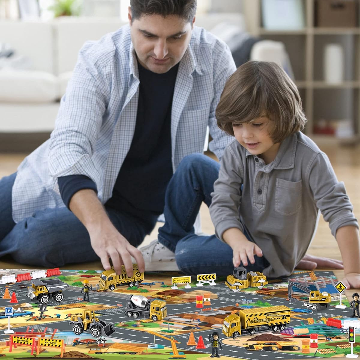 Construction Vehicle Toys for Kids, Construction Toys for Ages 3, 4, 5, 6 (49 Pieces) Mini Diecast Construction Site Set with Cars, Semi-Trailer, Sandbox, Dump Truck, Ages 3+