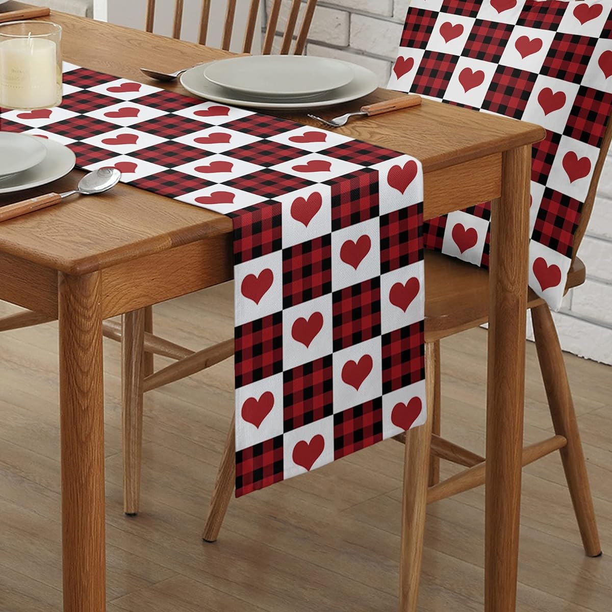 Valentine's Day Love Hearts Table Runner Kitchen Decor Valentine's Day Burlap Table Runner 90" Long Red Buffalo Check Farmhouse Decor Dinner Party Holiday Table Decor 13 x 90 Inch