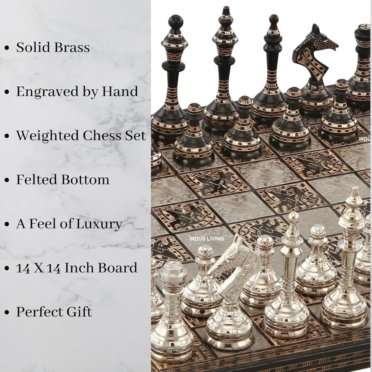 INDUS LIVING Chess Game Board Set, Collectibles, Handmade Luxury Heavy Metal Brass Chess Board Set for Professionals and Adults, Tournament (14 Inch)