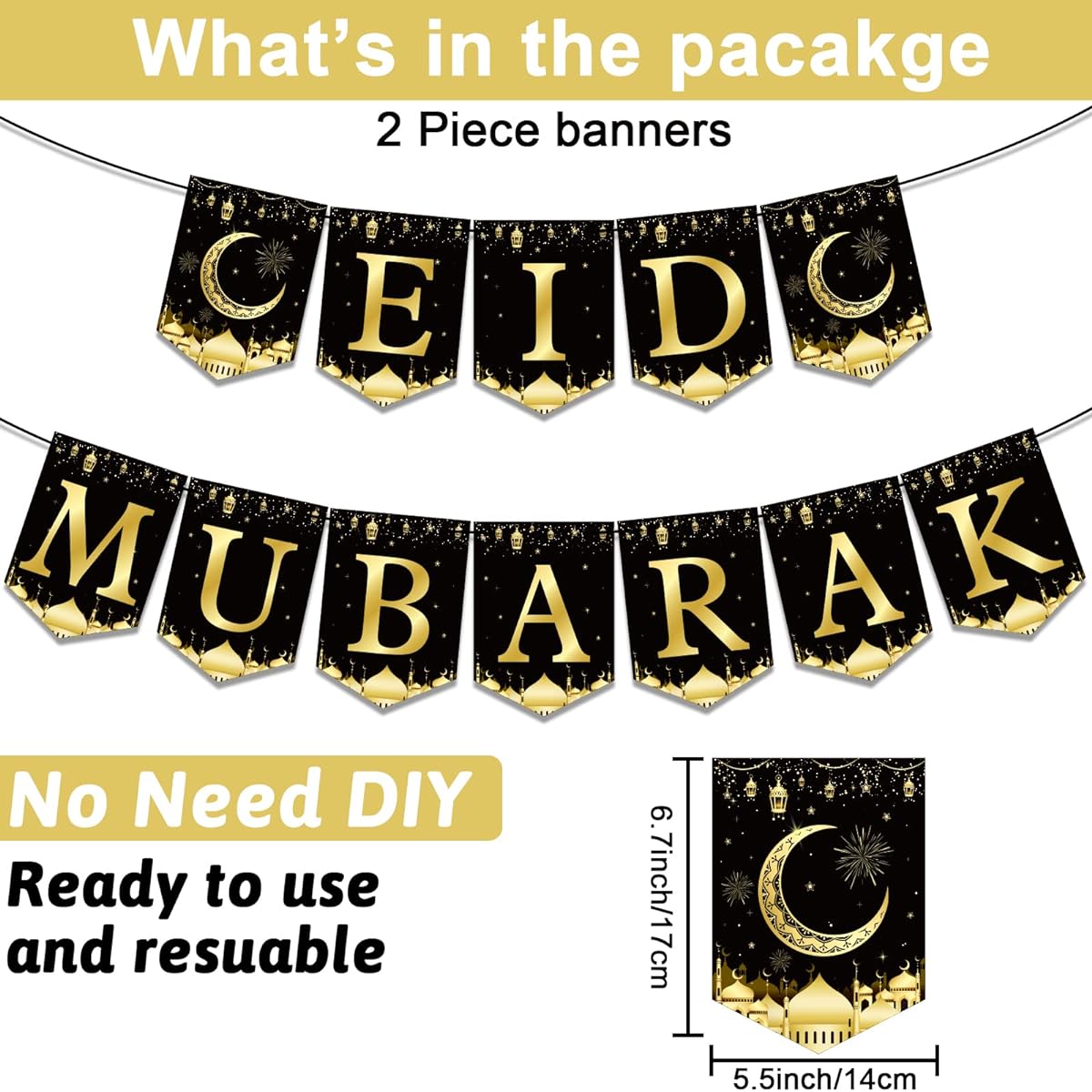 Eid Mubarak Banner Muslim Party Decoration Black Gold Moon Lantern Hanging Eid Mubarak Hanging Banner Party Supplies Home Wall Window Door Fireplace Mantle Happy Eid Ramadan Party Favors