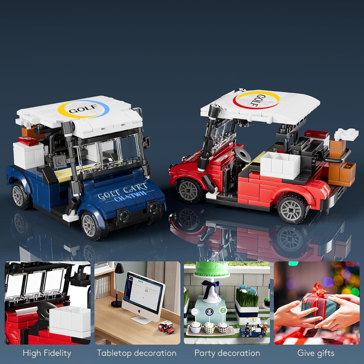 CH NTWH 1:20 Scale Blue Golf Toy Cart Building Set with Acrylic Display Case - Great Golf Desk Decor Gift for Golf Enthusiasts