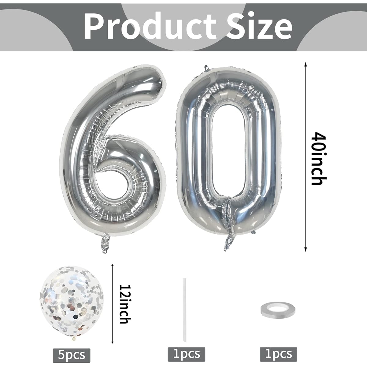 60 Number Balloons Silver 40 Inch Large Number 60 Birthday Balloons with Silver Confetti Balloons Number Helium Mylar Number Balloons for Men Women Birthday Party Anniversary Decorations (60 Balloons)