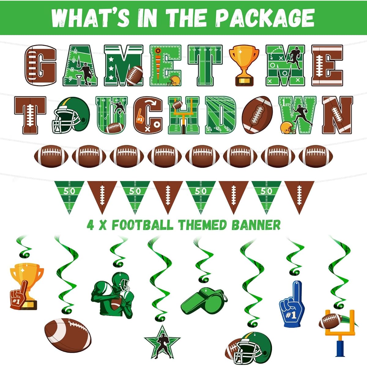 Football Hanging Swirl Decorations, Football Birthday Banner Supplies, Touchdown Game Time Pennant Banner with Hanging Spirals for Sports Tailgate Game Day Party