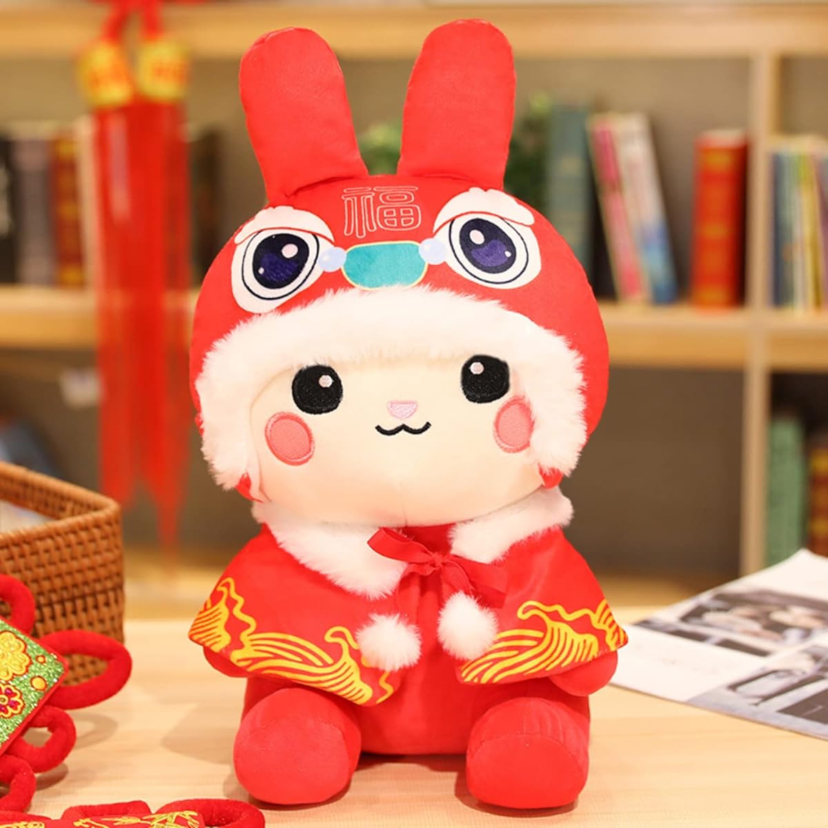 2023 Rabbit Doll New Year Gift Mascot Bunny Stuffed Doll Toy Festival Chinese Lunar Calendar Present Doll Animal Plush Toy 10 Inch (Red)