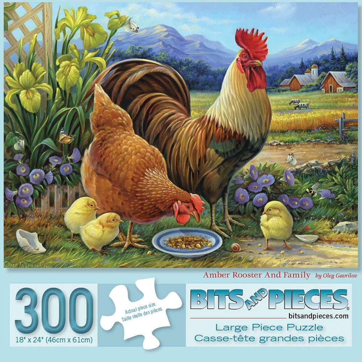 Bits and Pieces - 300 Piece Jigsaw Puzzle for Adults 18" x 24" - Amber Rooster and Family - 300 Piece Hen Chick Ranch Farm Country Flower Barn Jigsaw Puzzle by Artist Oleg Gavrilov