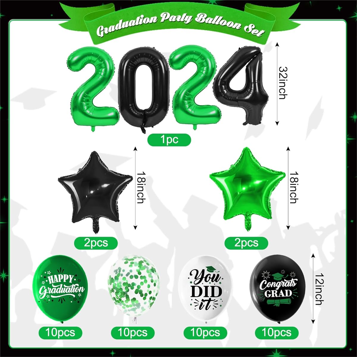 LARRAZABAL Graduation Balloons 2024 Graduation Party Decorations, Graduation Green Confetti Balloons, Graduation Theme Latex Balloons for 2024 Graduation Party Supplies