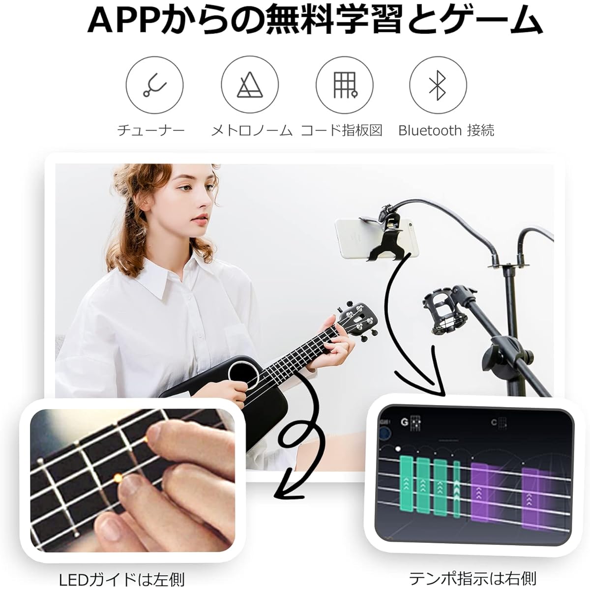 POPULELE Concert Ukulele Total Length 23 Inches All Carbon Fiber Nylon Strings LED Smart APP Control Beginner Ukulele Matte Texture Black Beginner String Instrument