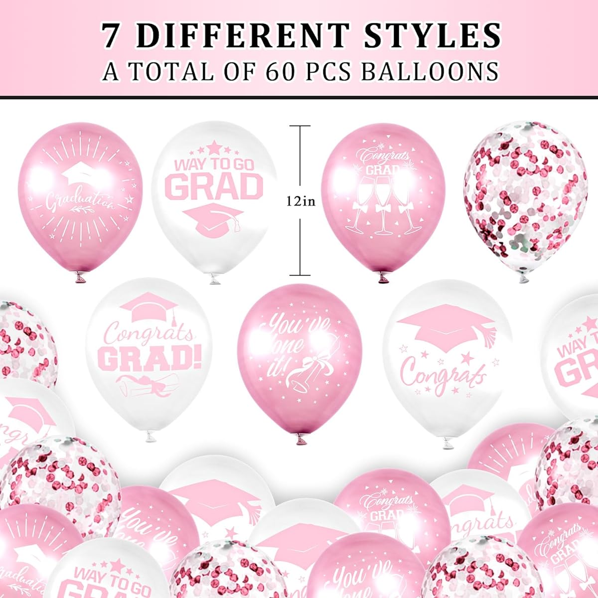 Whaline 60pcs Graduation Party Balloons Set, 7 Designs Confetti Latex Balloons with 2 Rolls Ribbon, Graduation Cap, Graduation Party Decorations Supplies (Pink, White)