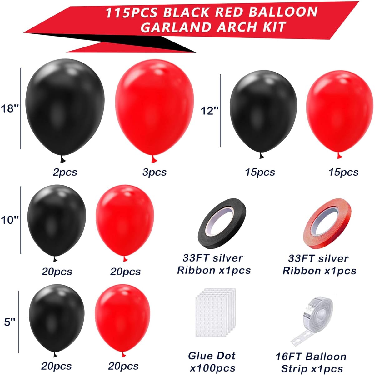 Black and Red Balloon Garland Arch Kit, 115pcs 18 12 10 5 inch Latex Balloons Arch Kit for Graduation Baby Shower Birthday Party Wedding BBQ Casino with Balloon Strips Red and Black Ribbons