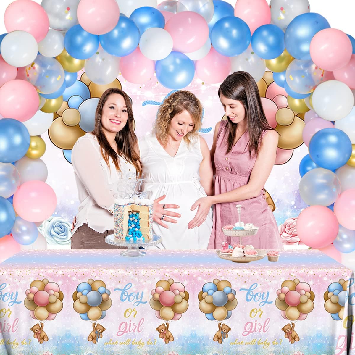 Bear Gender Reveal Decorations - Bear Baby Gender Reveal Supplies, Boy or Girl Backdrop, Bear Tablecloth, Latex Balloons for Baby Shower Decorations