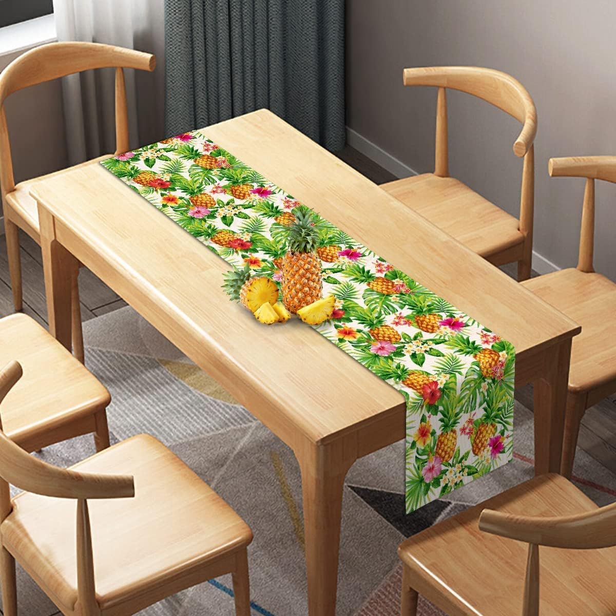 Linen Summer Pineapple Table Runner Tropical Hawaiian Luau Indoor Outdoor Party Table Cover Decor for Home Kitchen Dining Room (13" x 108")