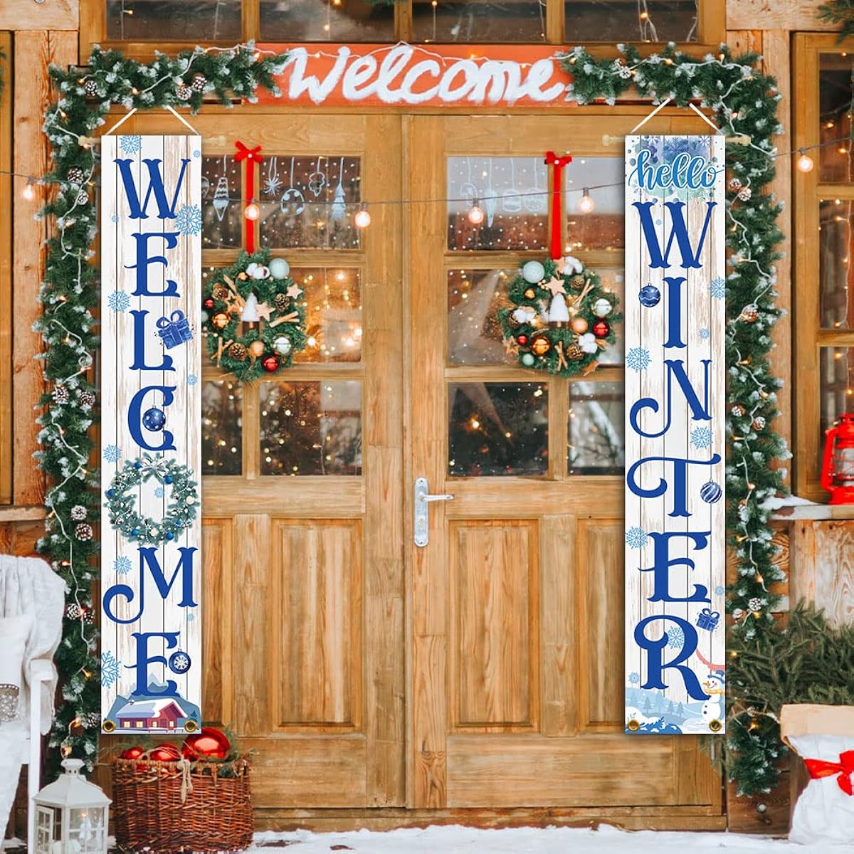 SENSEVEN Hello Winter Porch Banner Welcome Winter Hanging Banner Merry Christmas Snowflake Xmas Winter Porch Sign Decor Happy Winter Welcome Banner Front Door Porch Hanging Decor 12x72 Inch