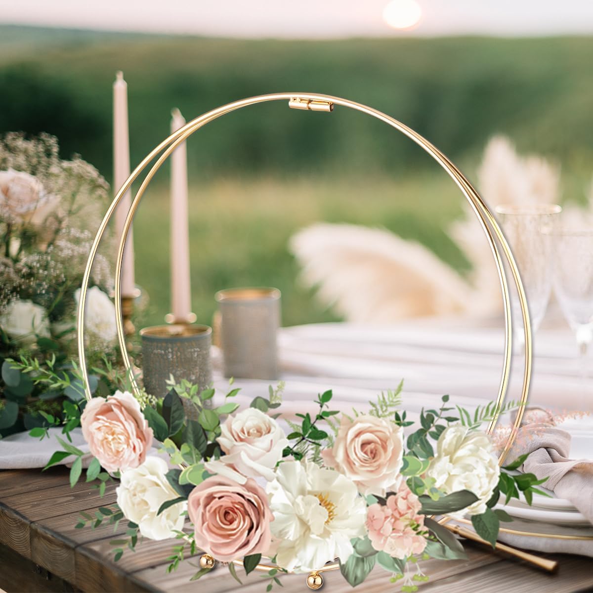 3 Pack 10 Inch Metal Floral Hoop Centerpieces with Stand and 38 Yard Paddle Wire Craft Centerpieces Table Decorations Centerpieces for Weddings, Christenings, Parties, Tables DIY Metal Ring Table Decor Gold
