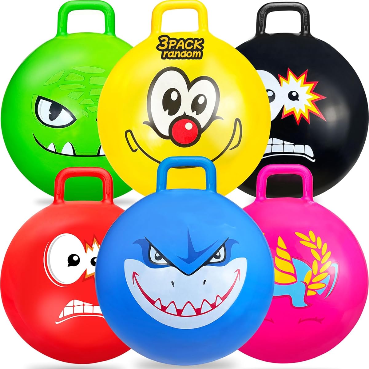 Hymaz 3 Piece Jump Hopper Bouncy Ball 18'' Inflatable Bouncing Ball Kids Toddler Outdoor Toy Bounce Ball with Handle Birthday Party Game School Team Family Ride Spin Toy