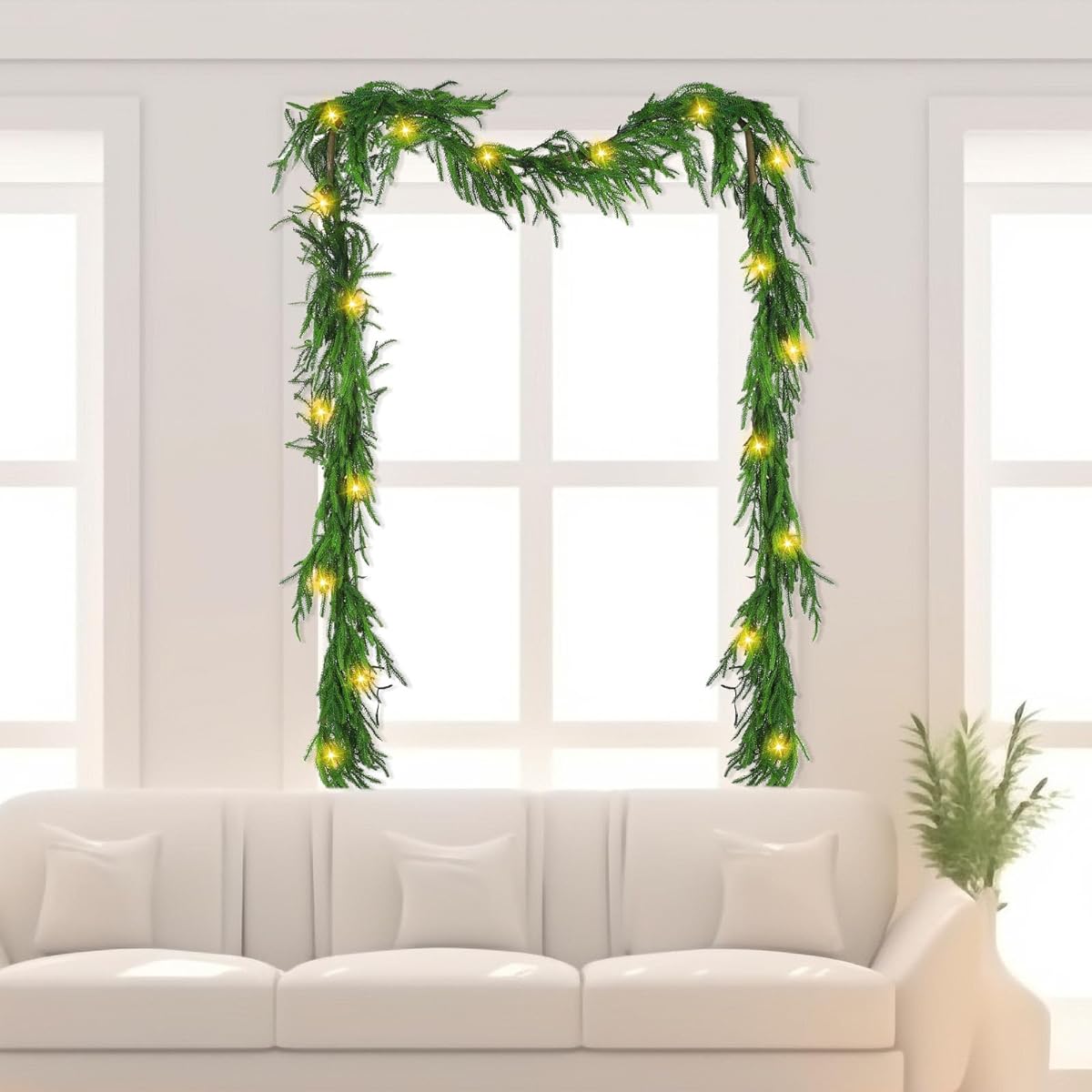 Wavyknot Real Feel Norfolk Pine Garland Faux Christmas Garland with Lights Artificial Pine Green Garland with Warm White LED Lights for Christmas Holiday Wedding Party Outdoor Decorations (15ft,1)